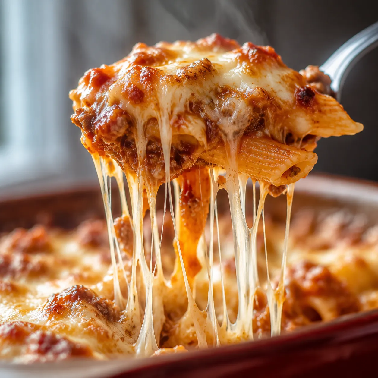 Close-up cheese pull from a baked casserole recipe