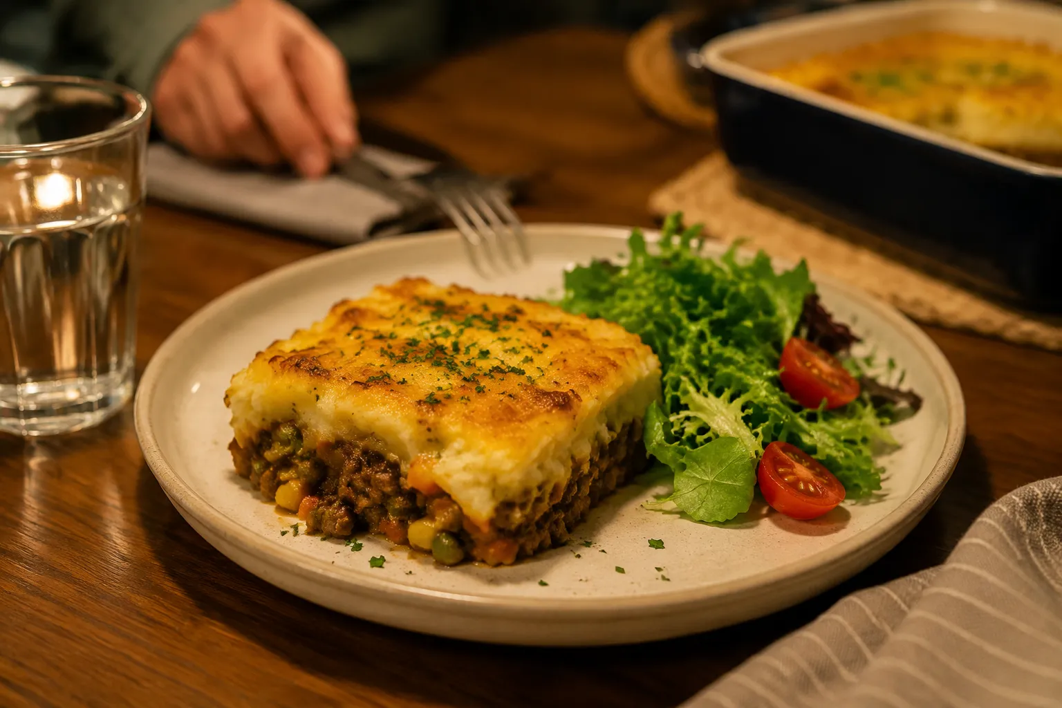 Casserole served on a plate with a side salad for dinner