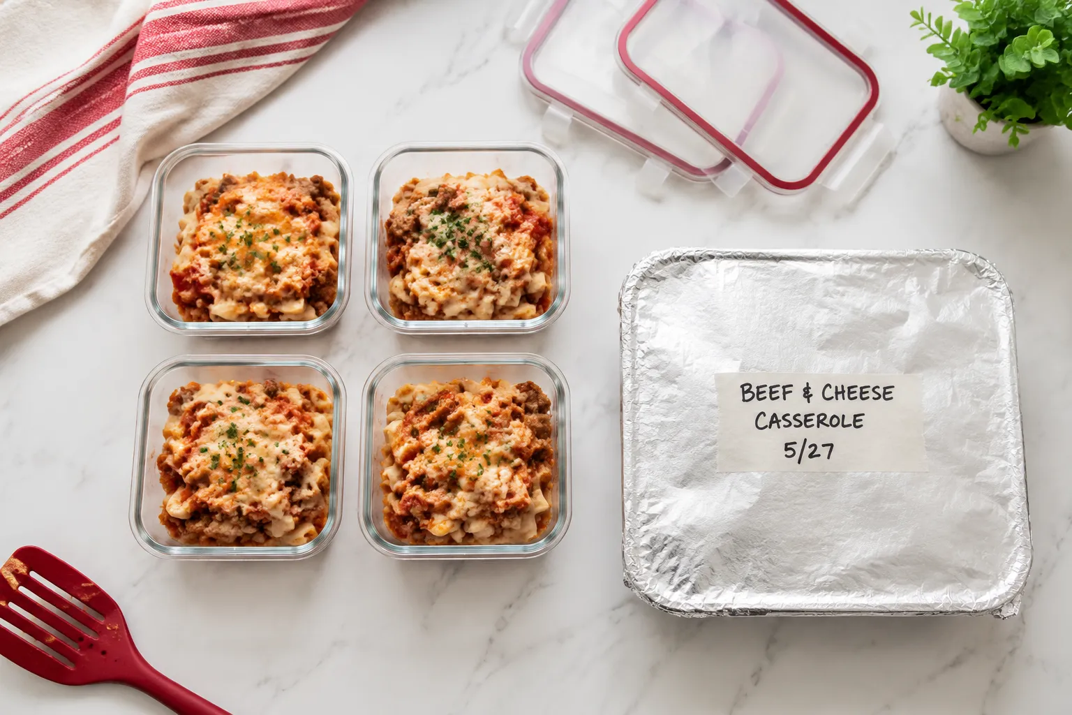 Storing and freezing leftover casserole in meal-prep containers