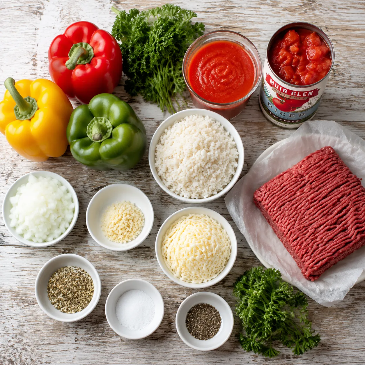 Ingredients for stuffed peppers with rice laid out in bowls on a wooden board.