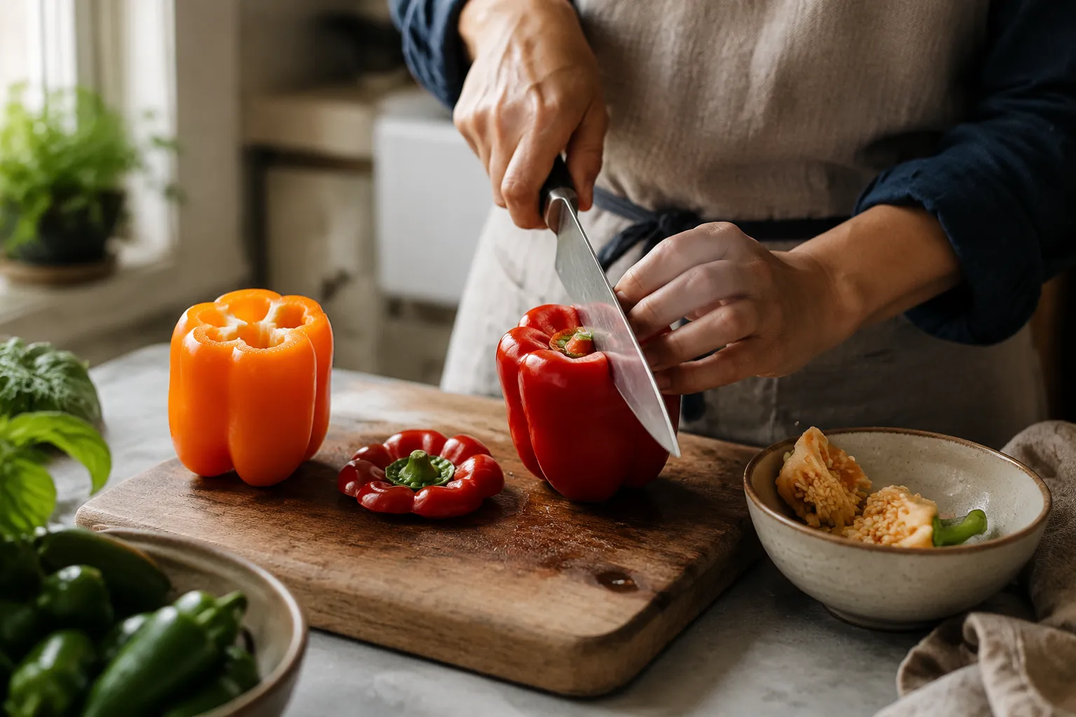 Prepping bell peppers for stuffed peppers by slicing tops and removing seeds.