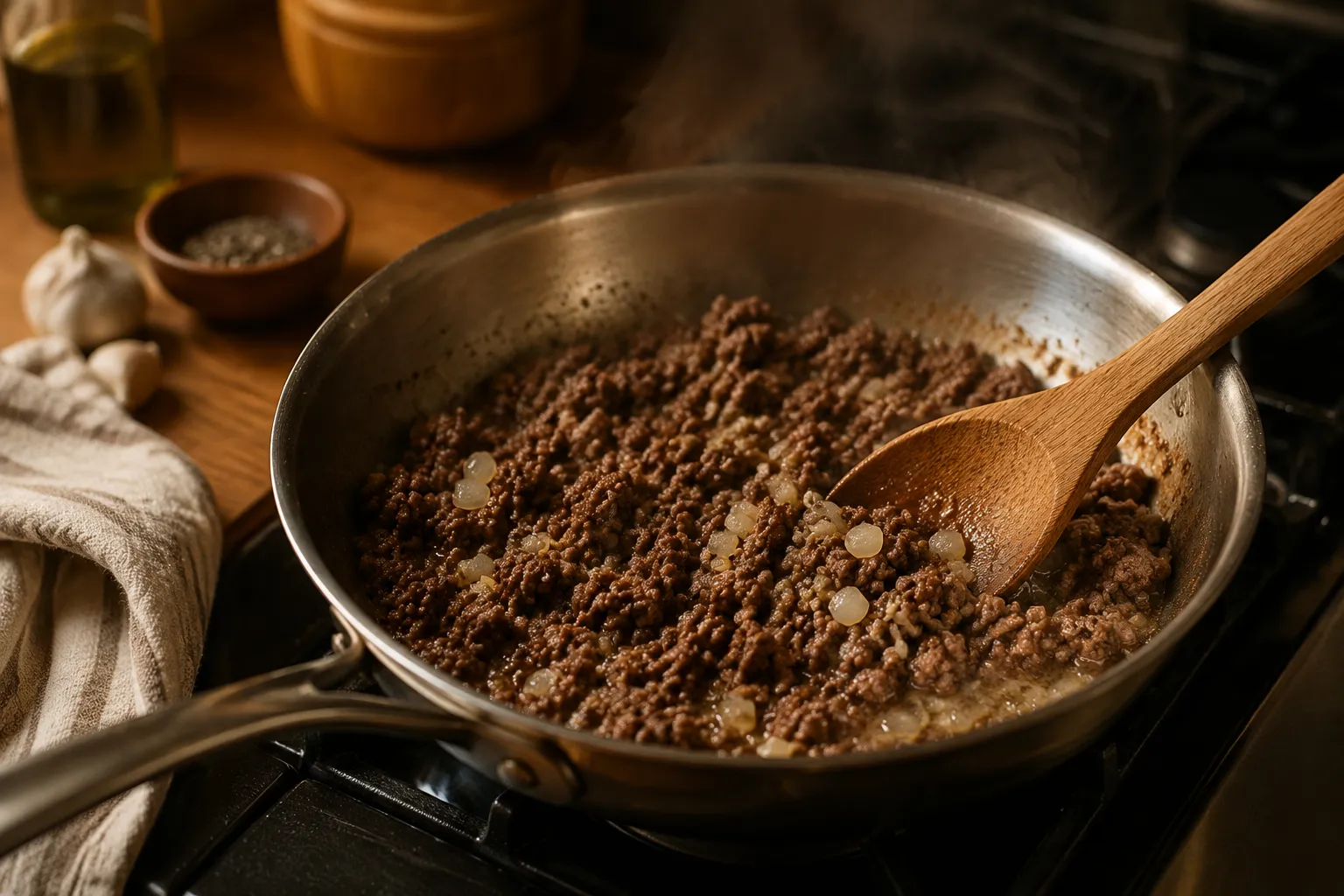 Browning ground beef and onion for stuffed peppers filling in a skillet.