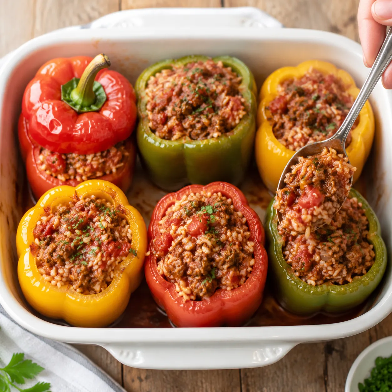 Stuffing bell peppers with seasoned ground beef and rice filling.