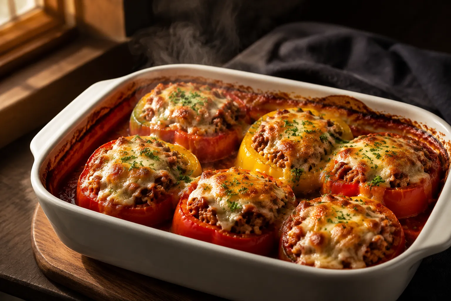 Baked stuffed peppers with melted cheese and tomato sauce in a baking dish.