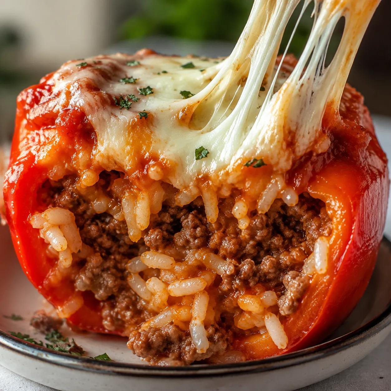 Close-up of a stuffed pepper sliced open showing rice and ground beef filling.
