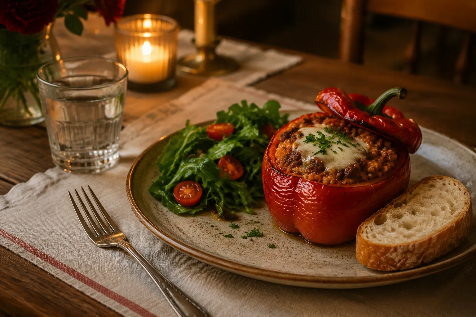 Stuffed pepper served on a plate with salad and crusty bread for dinner.