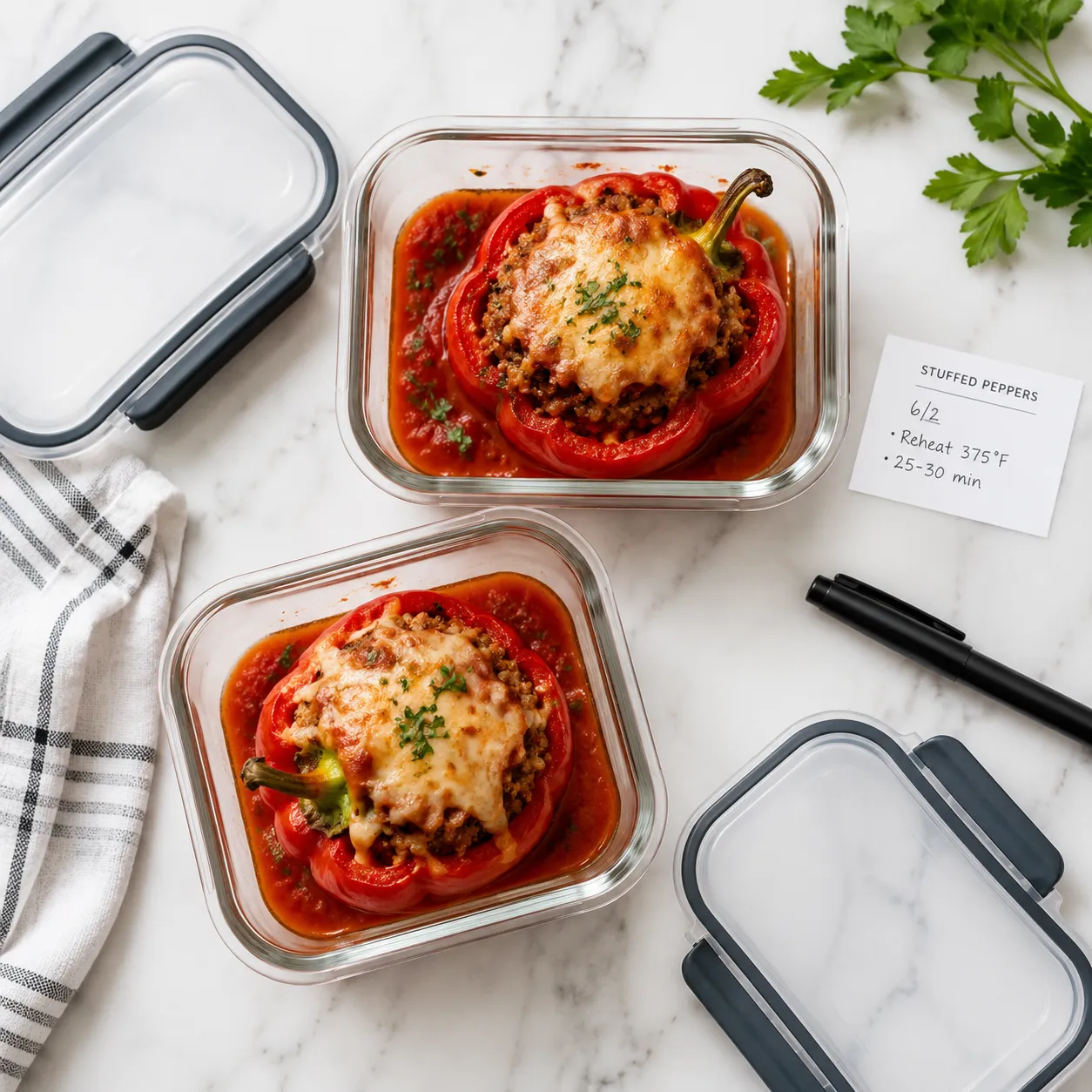 Leftover stuffed peppers stored in glass containers for meal prep and freezing.