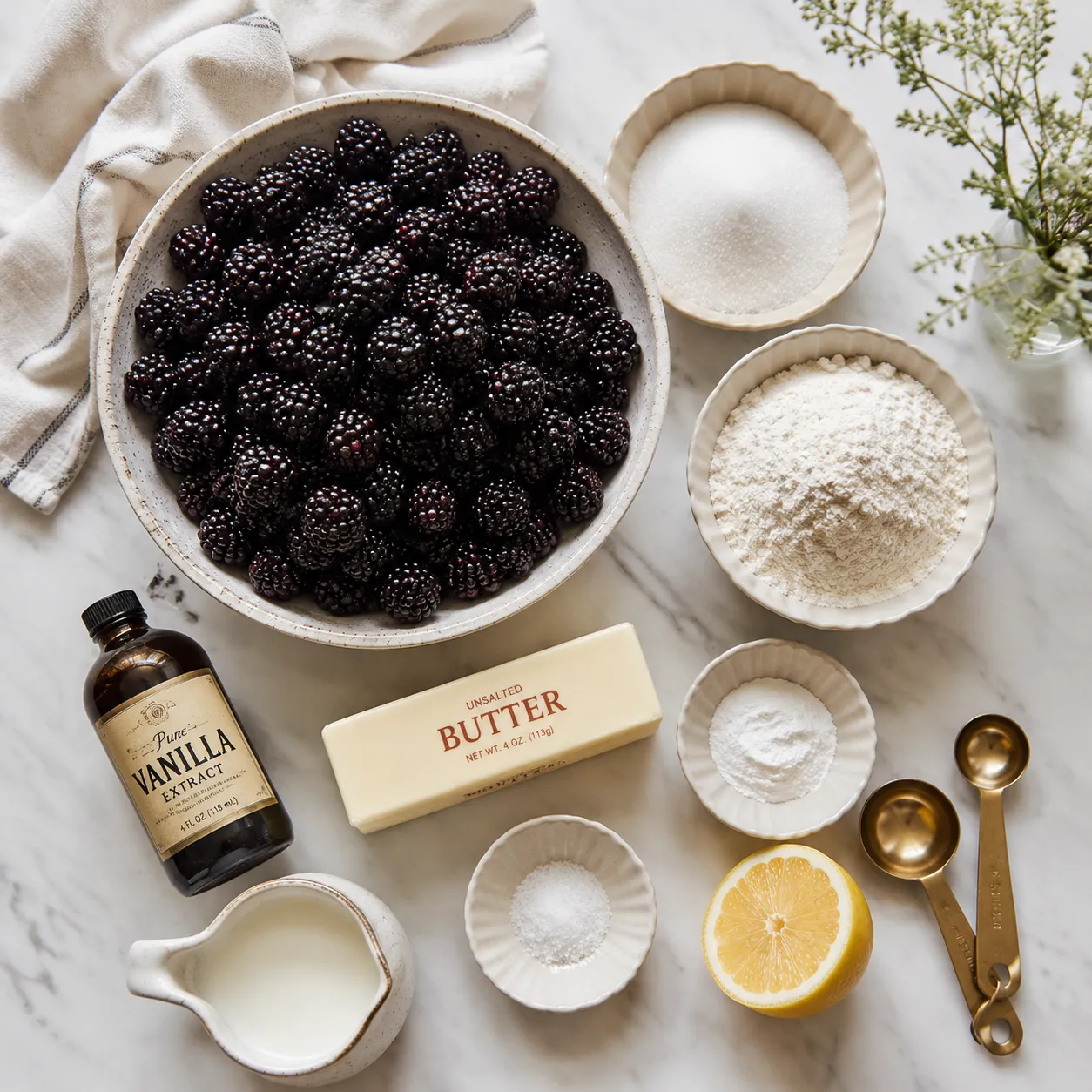 Blackberry cobbler recipe ingredients flatlay on marble