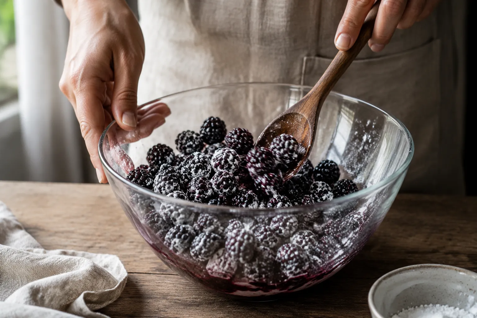 Tossing fresh blackberries with sugar for cobbler filling