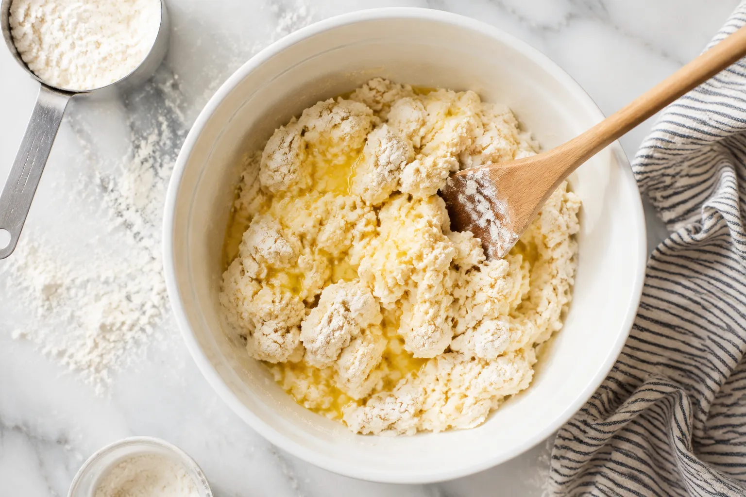 Mixing buttery biscuit topping for blackberry cobbler
