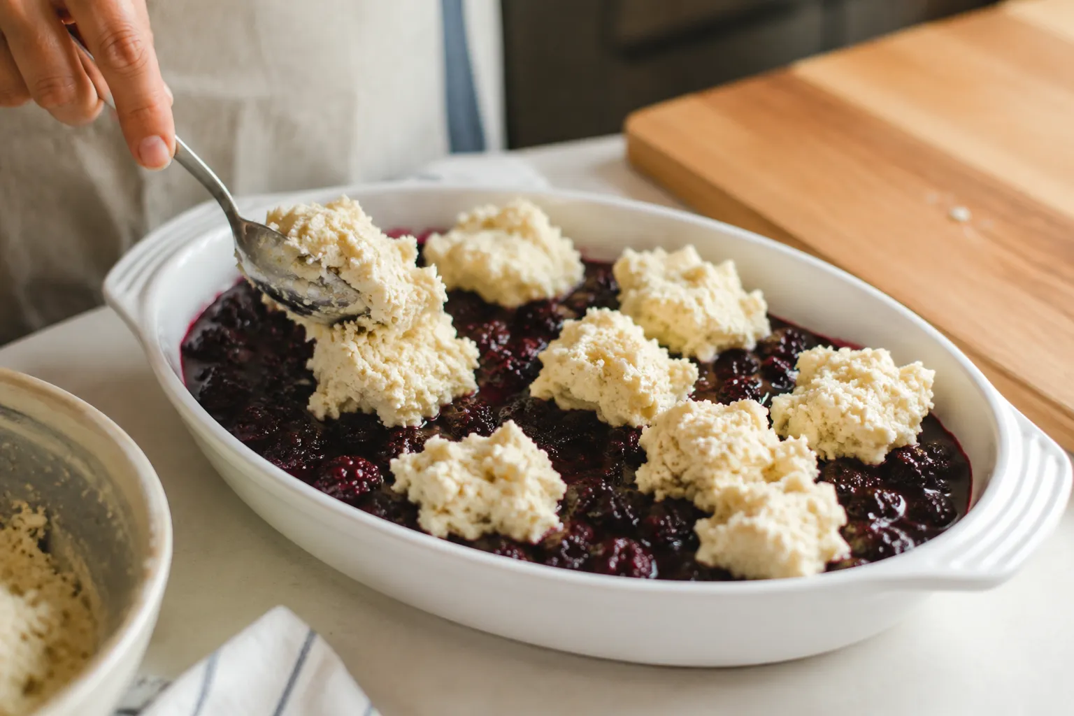 Dolloping biscuit dough over blackberry filling before baking