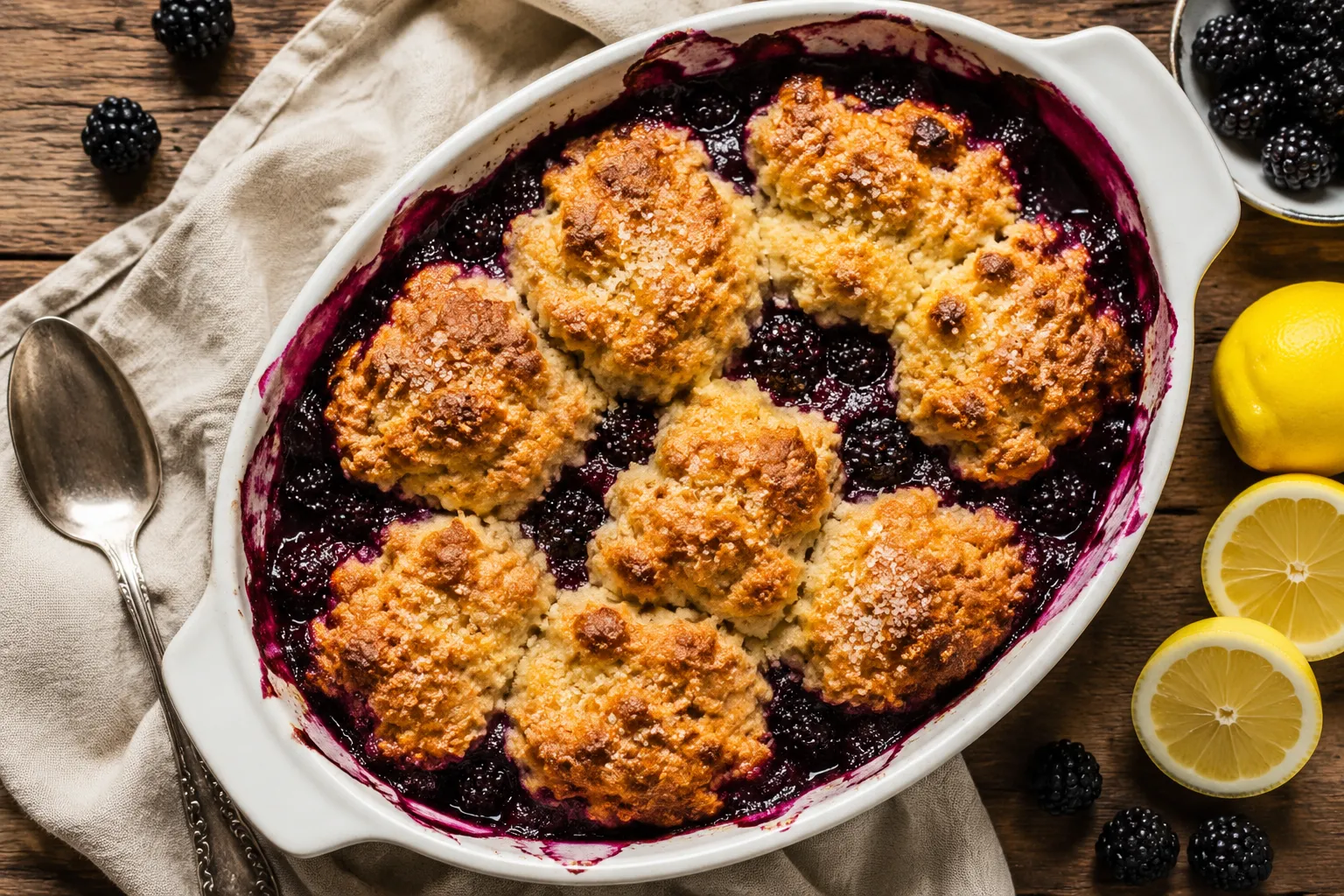 Baked blackberry cobbler recipe with golden biscuit topping