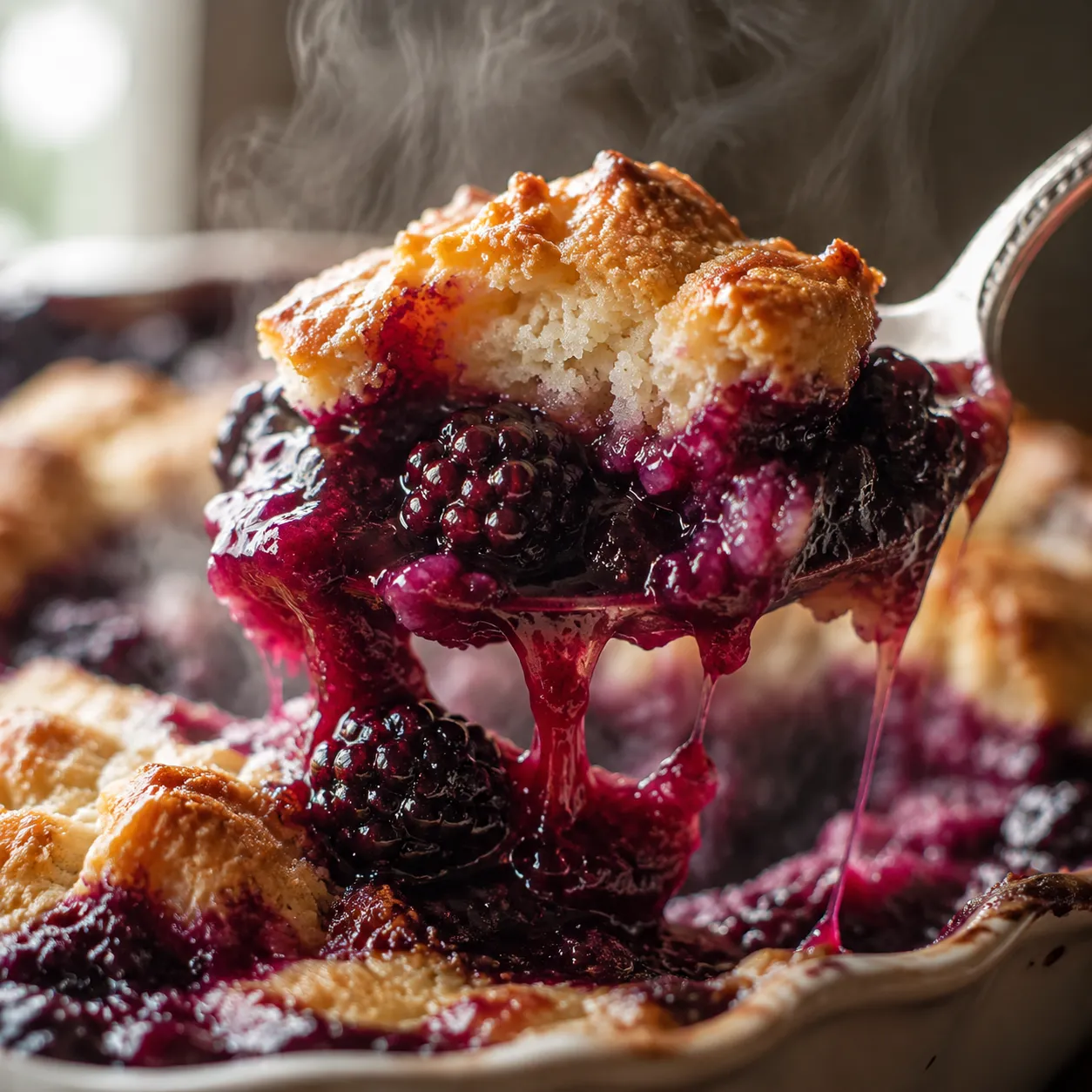 Close-up of jammy blackberry cobbler filling and biscuit topping