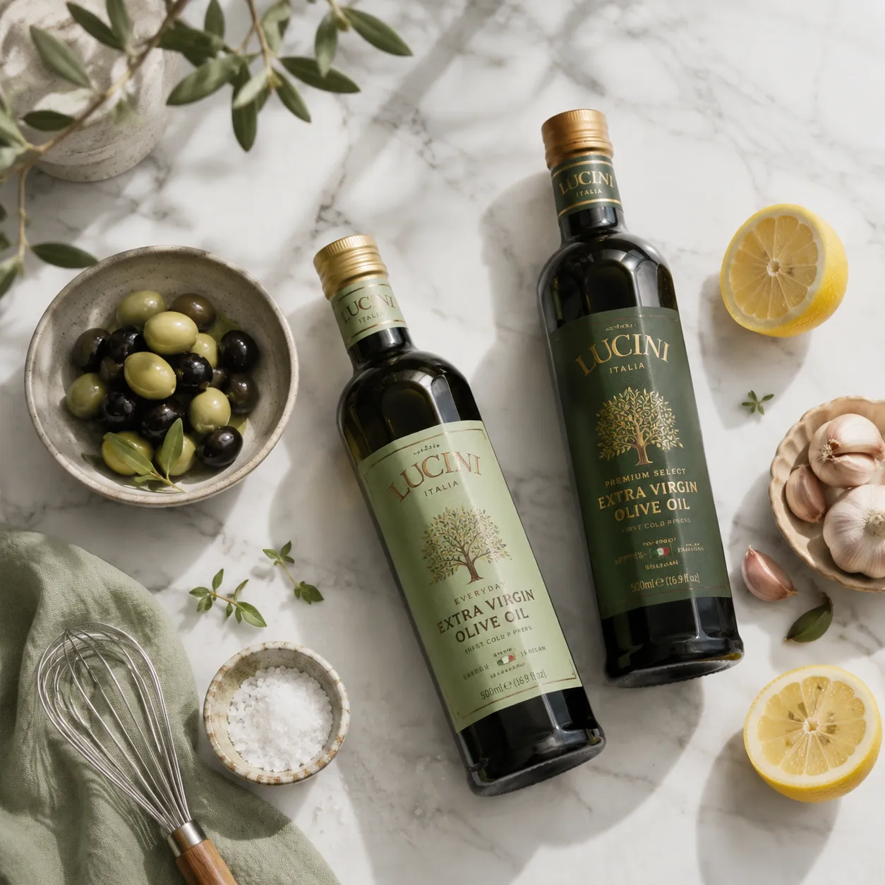 Ingredients flatlay for virgin and extra virgin olive oil vinaigrette