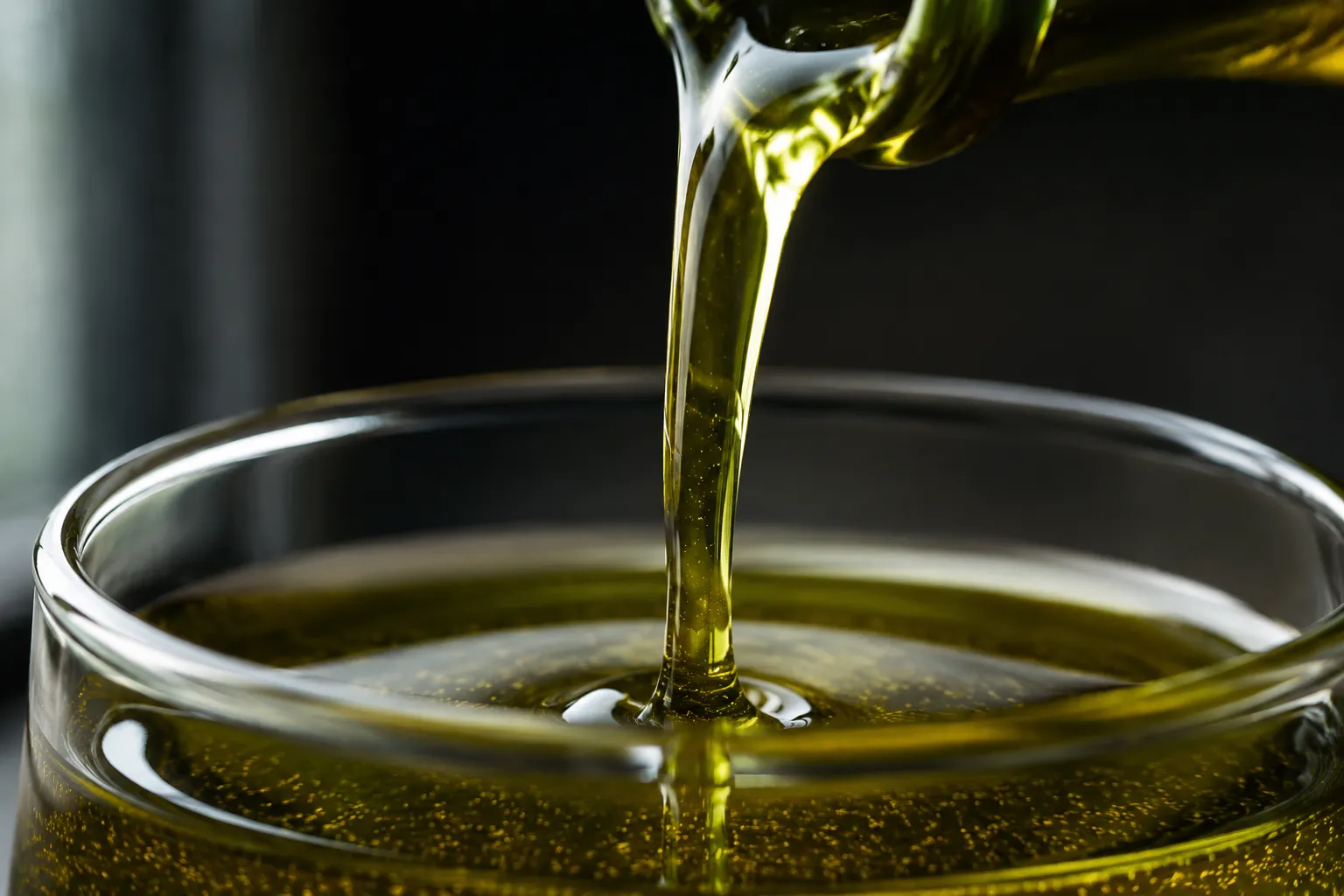Close-up of extra virgin olive oil pouring with rich golden-green color