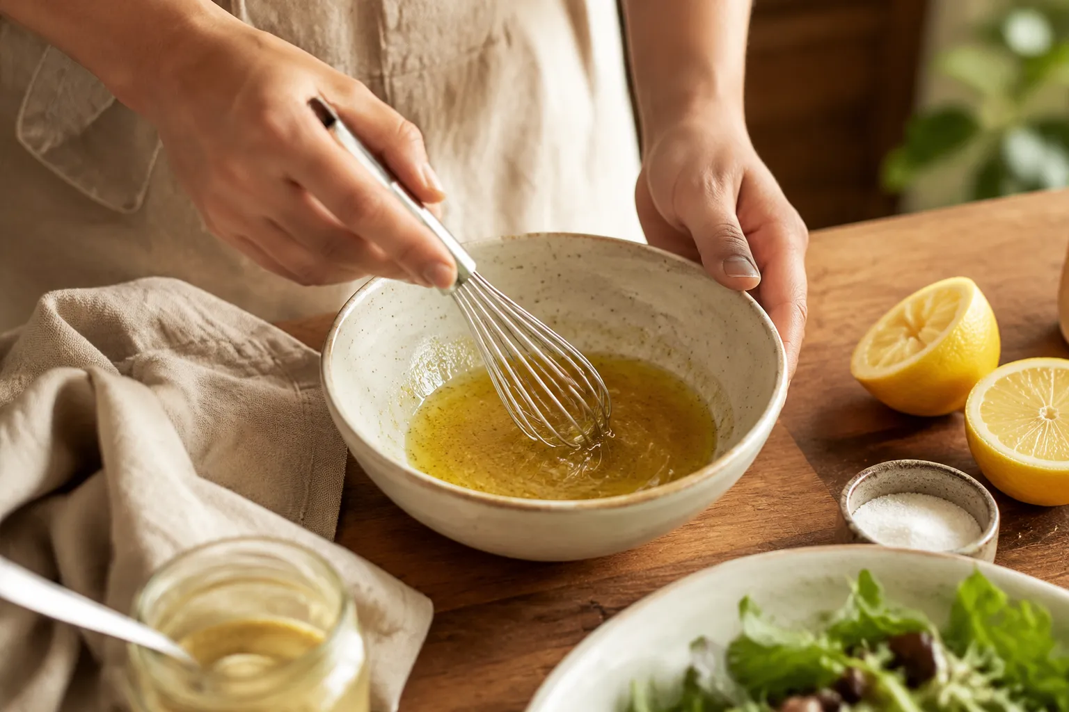 Hands whisking extra virgin olive oil into a lemon vinaigrette