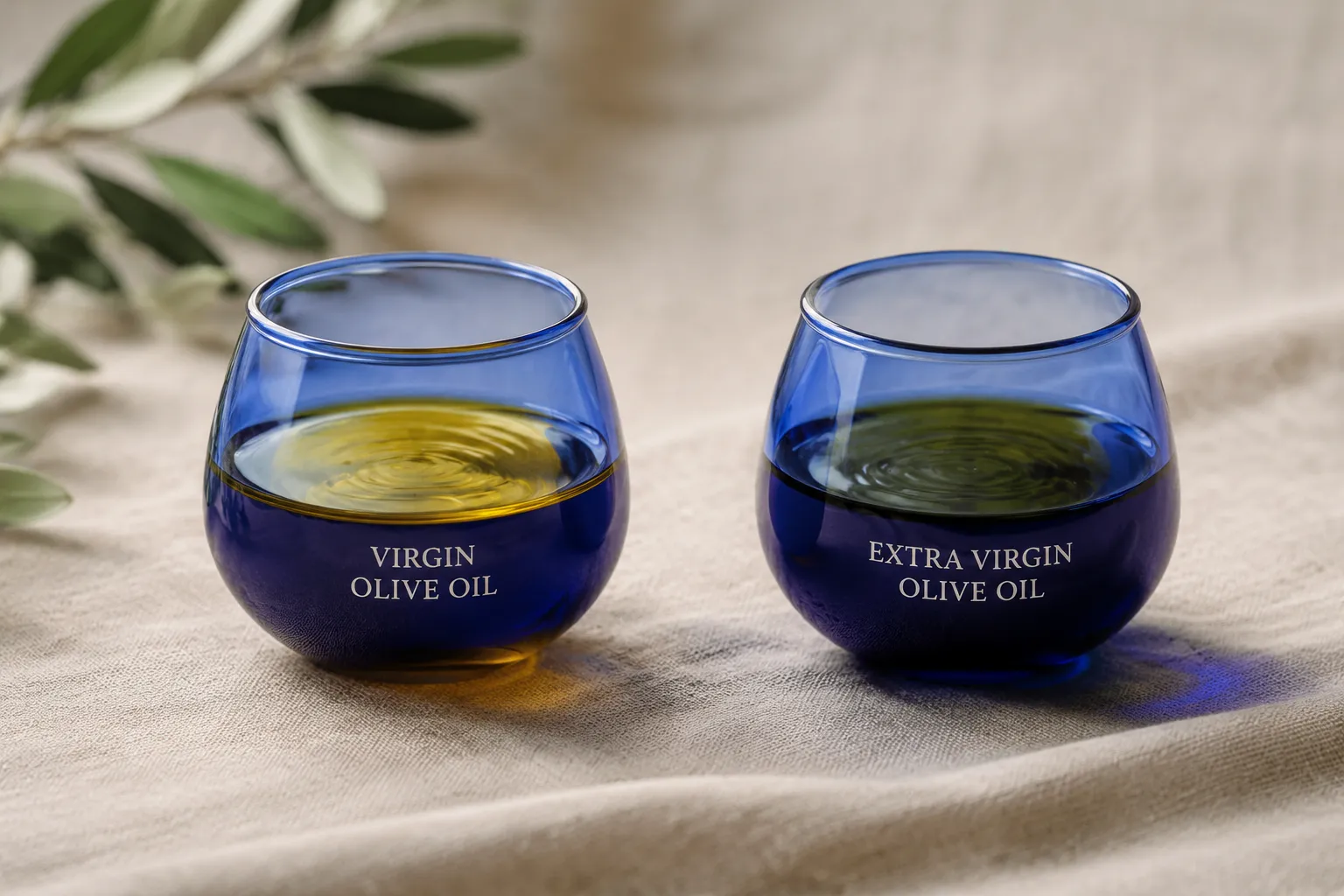 Virgin and extra virgin olive oil side by side in tasting cups