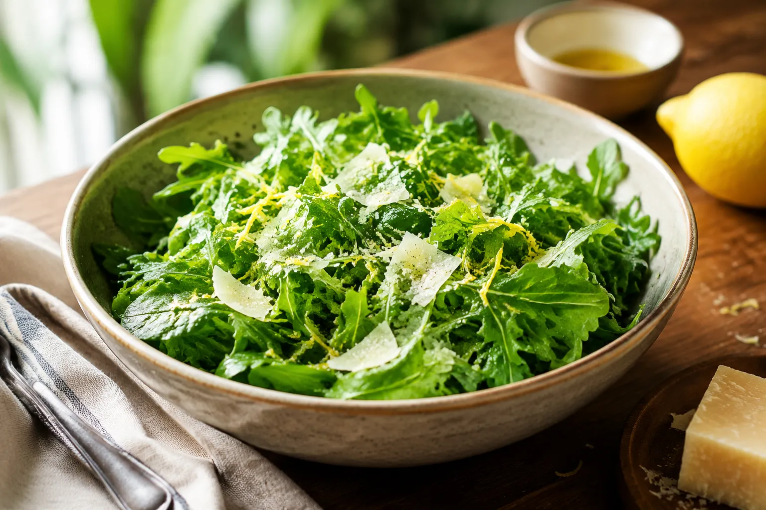 Salad dressed with extra virgin olive oil vinaigrette in ceramic bowl