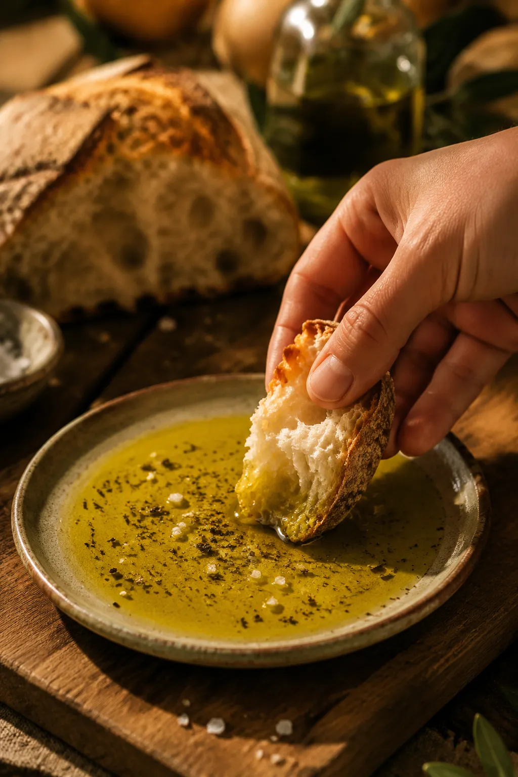 Crusty bread dipped in extra virgin olive oil with cracked pepper