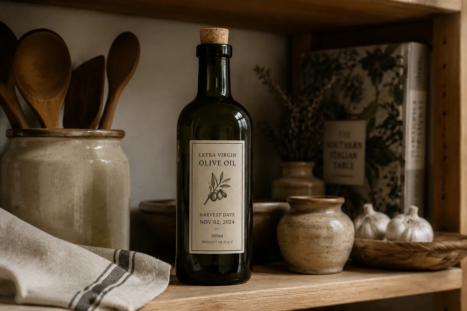 Dark glass bottle storing extra virgin olive oil in a cool pantry