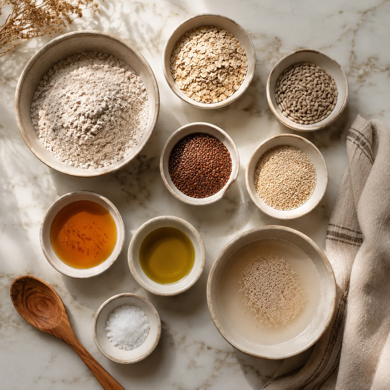 Homemade whole grain bread ingredients flatlay with flour, oats, and seeds