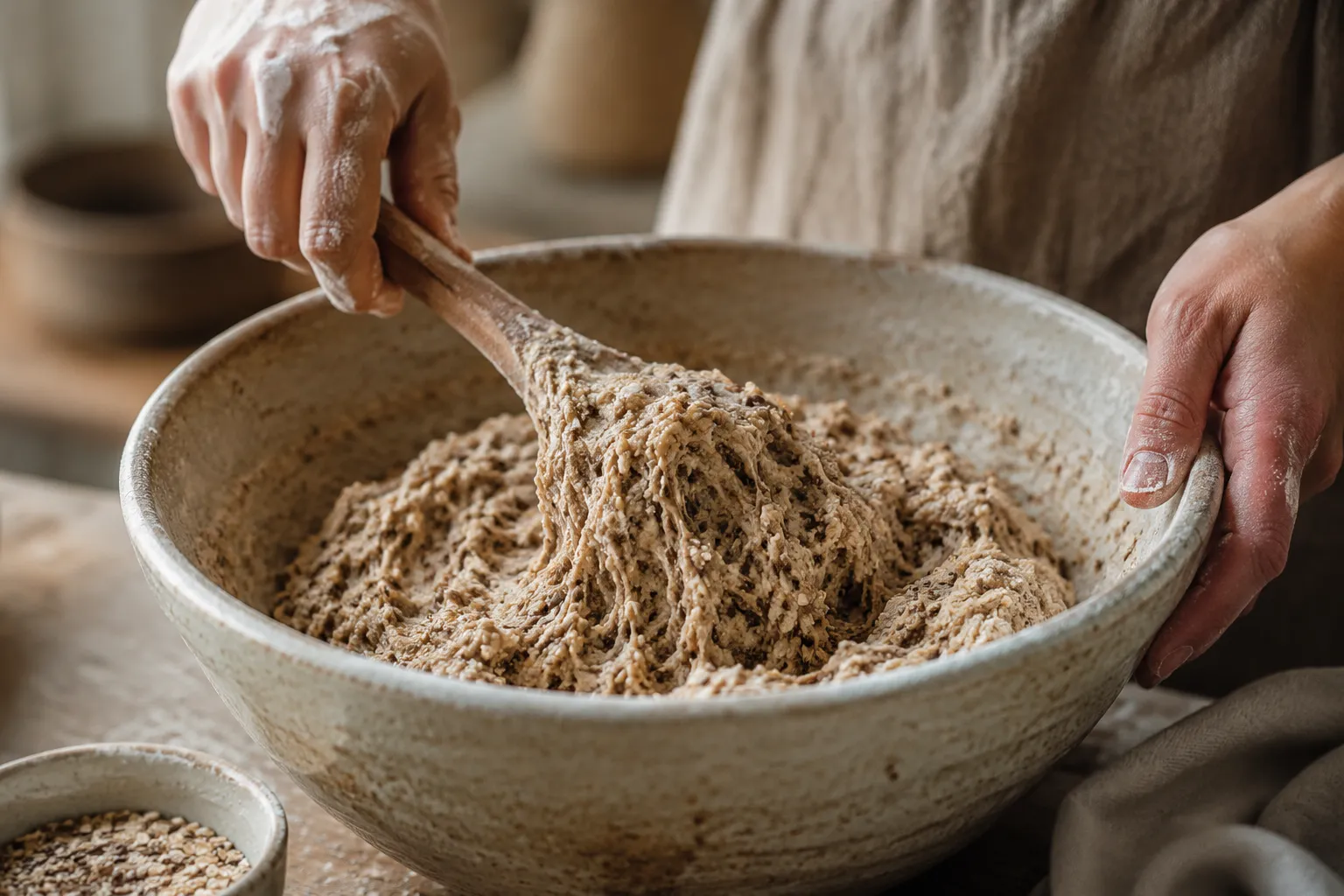 Mixing whole grain bread dough in a stoneware bowl with seeds and oats
