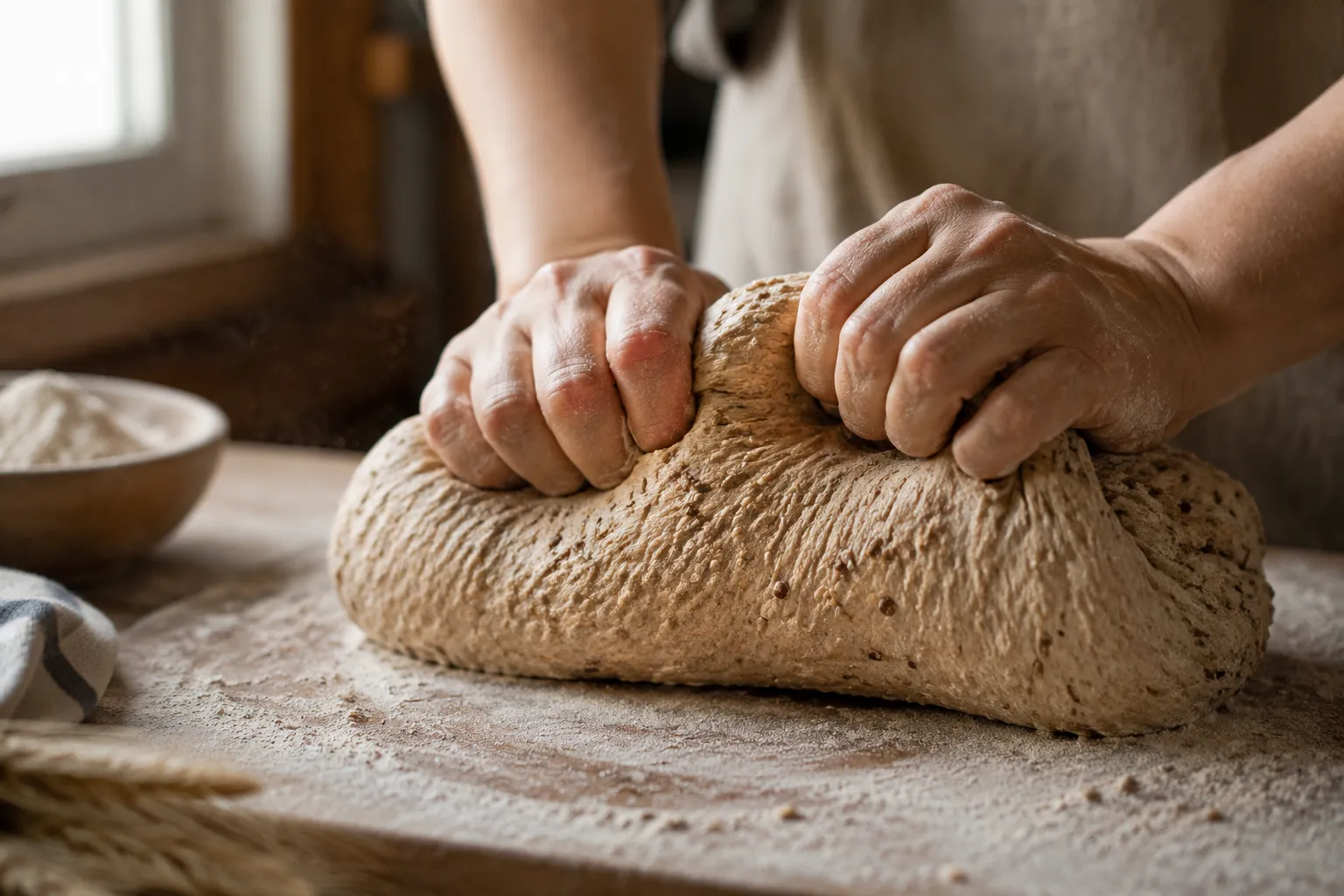 Kneading homemade whole grain bread dough on a floured wooden board