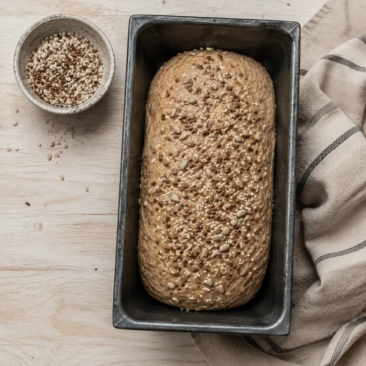 Shaped whole grain wheat bread dough in a loaf pan topped with seeds