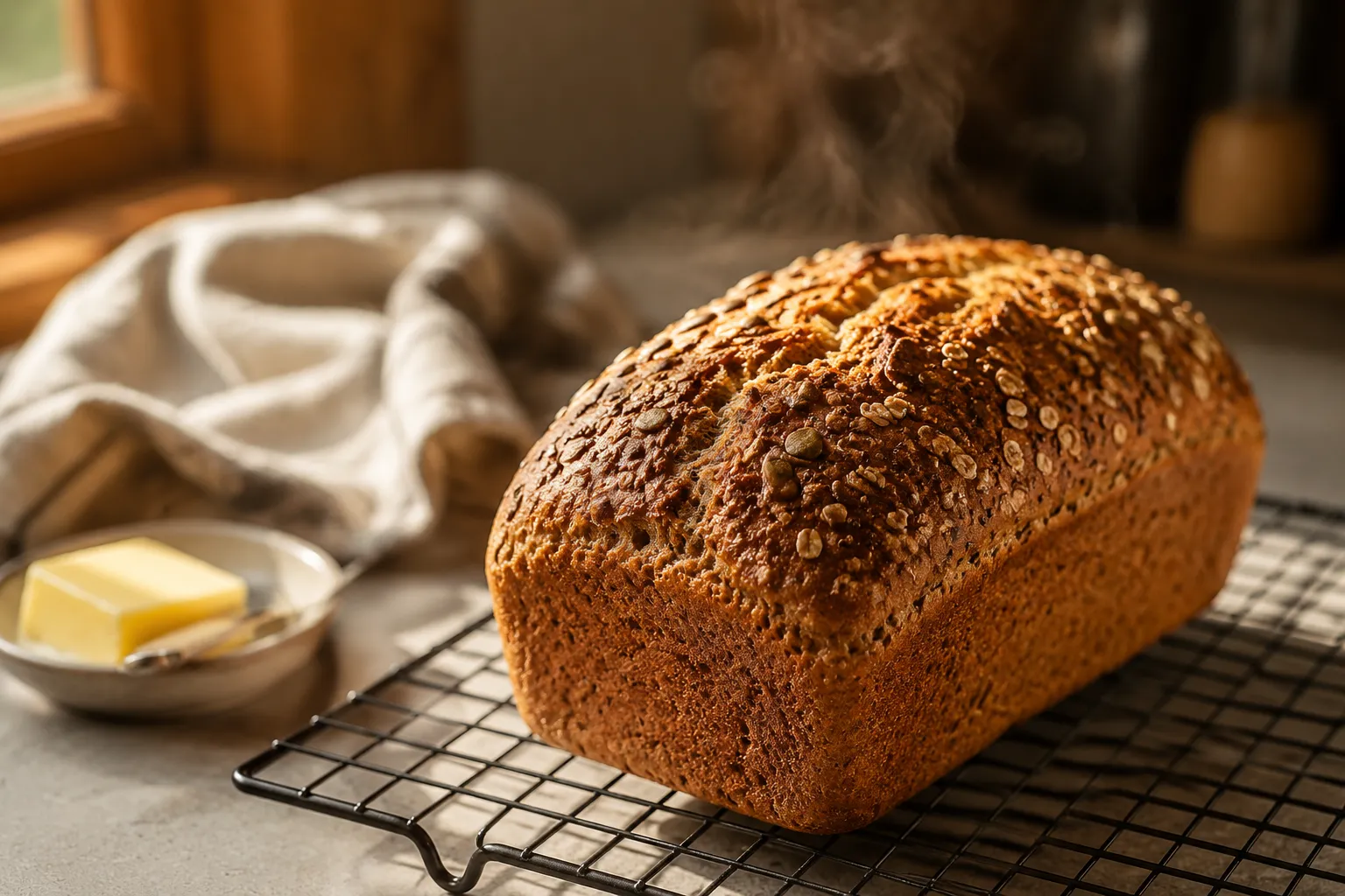 Homemade whole grain bread loaf cooling with golden seeded crust