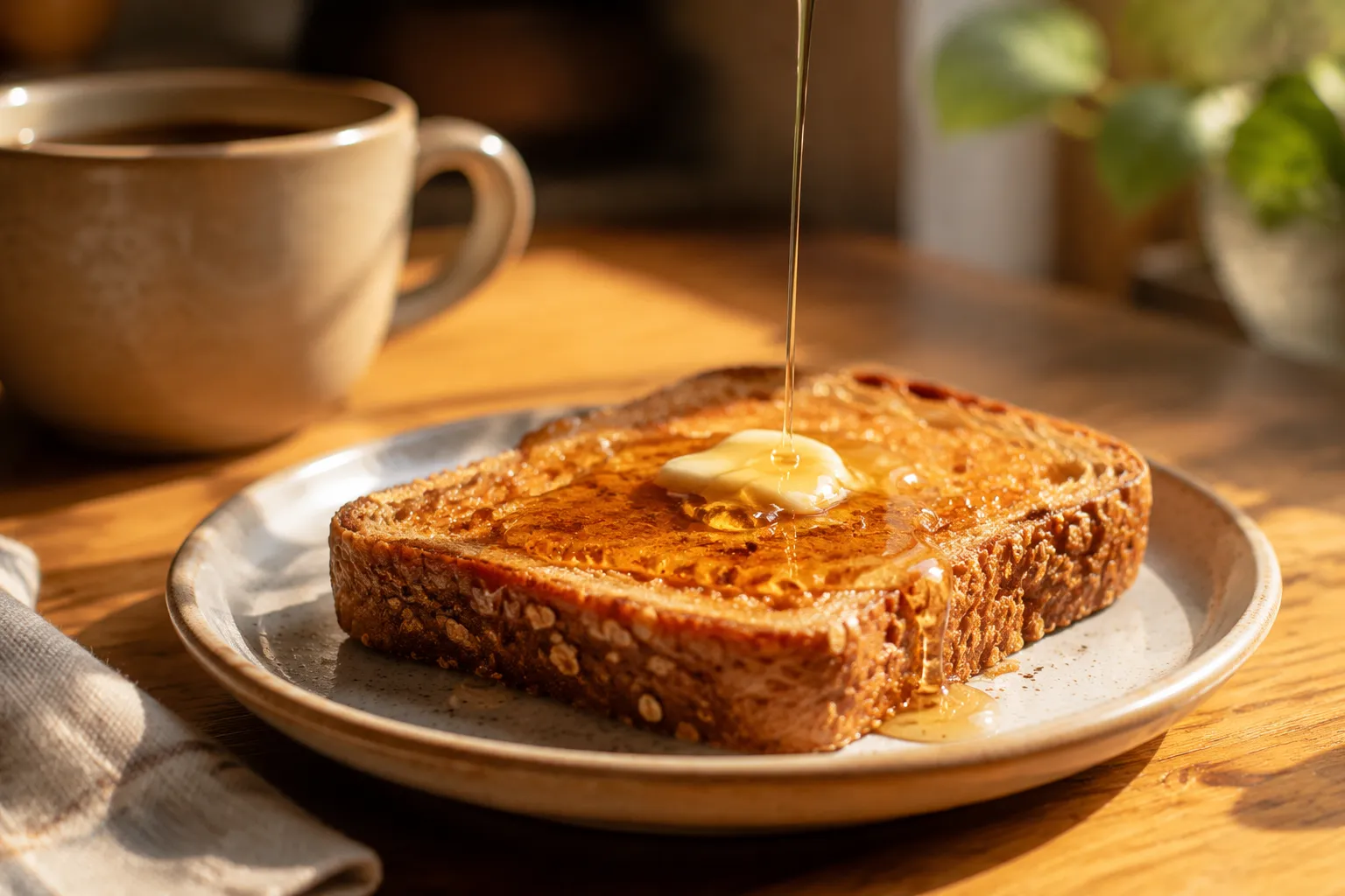 Whole grain toast with butter and honey on a breakfast plate