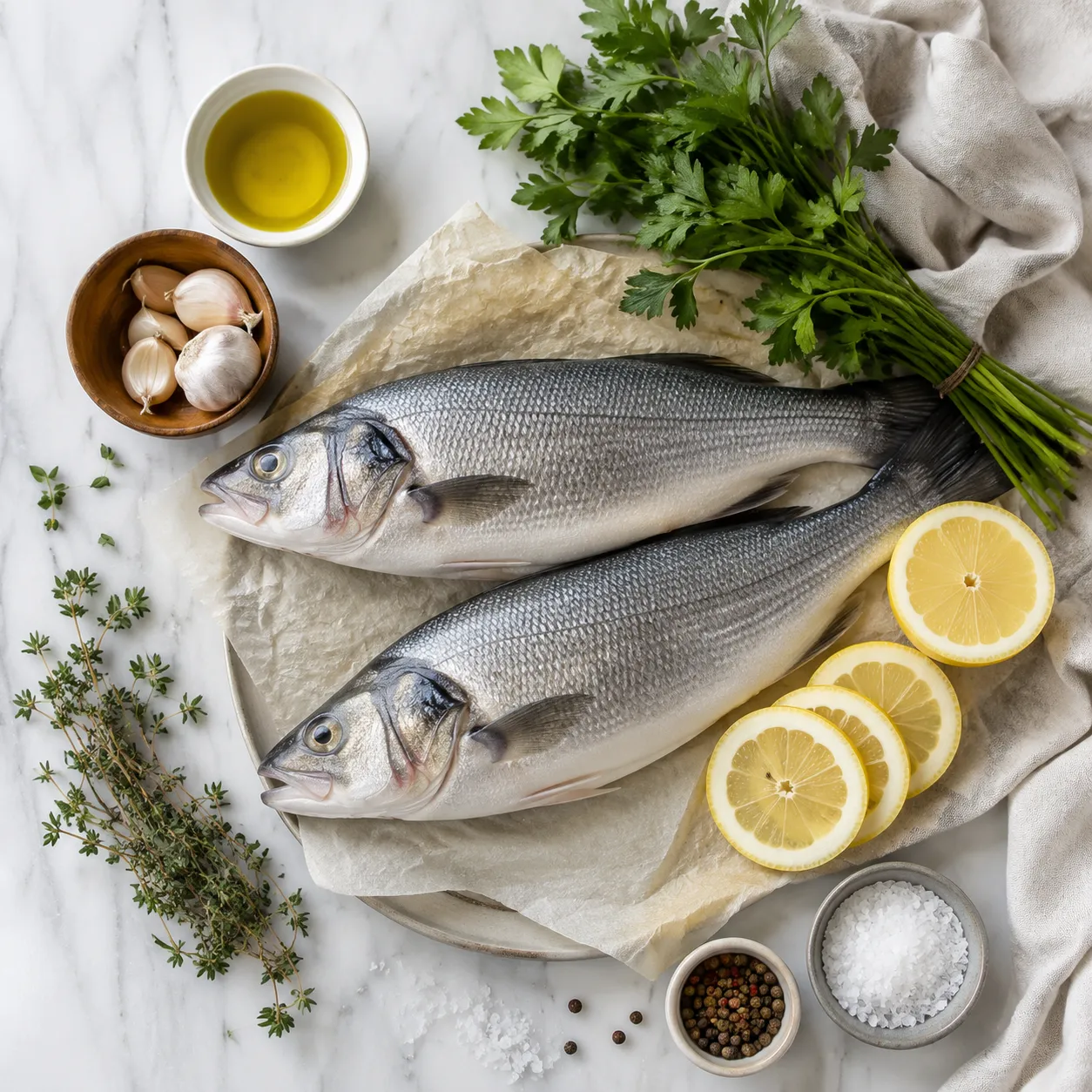 Branzino recipe ingredients flatlay with lemon, garlic, herbs, and olive oil.