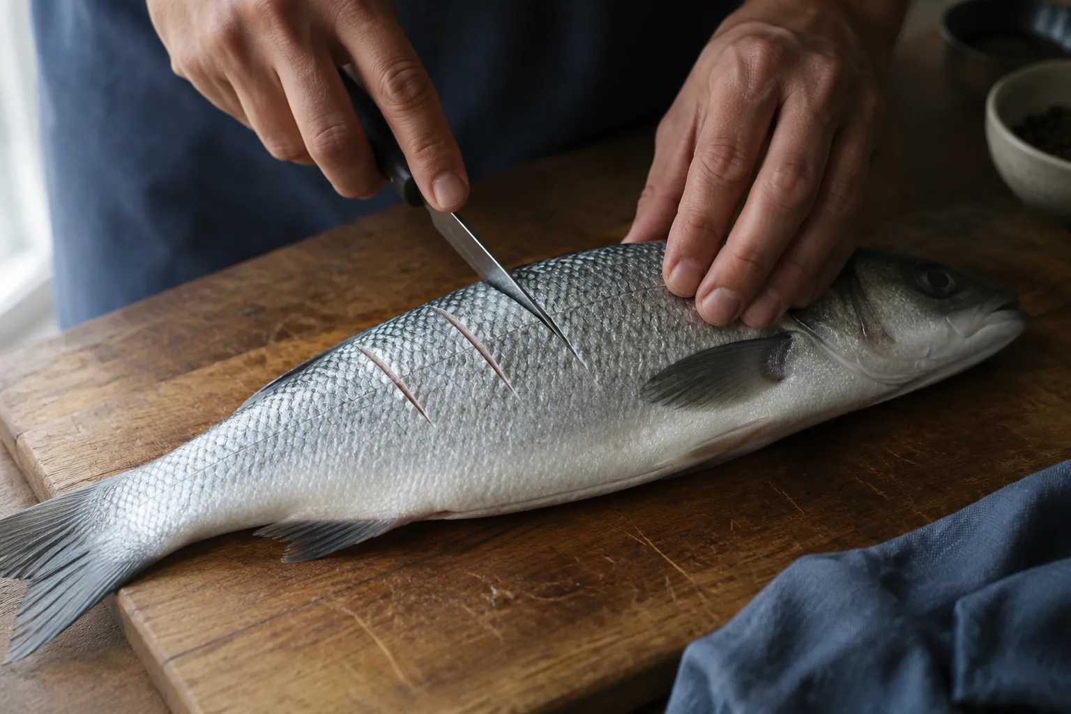 Scoring whole branzino skin with a knife before roasting.