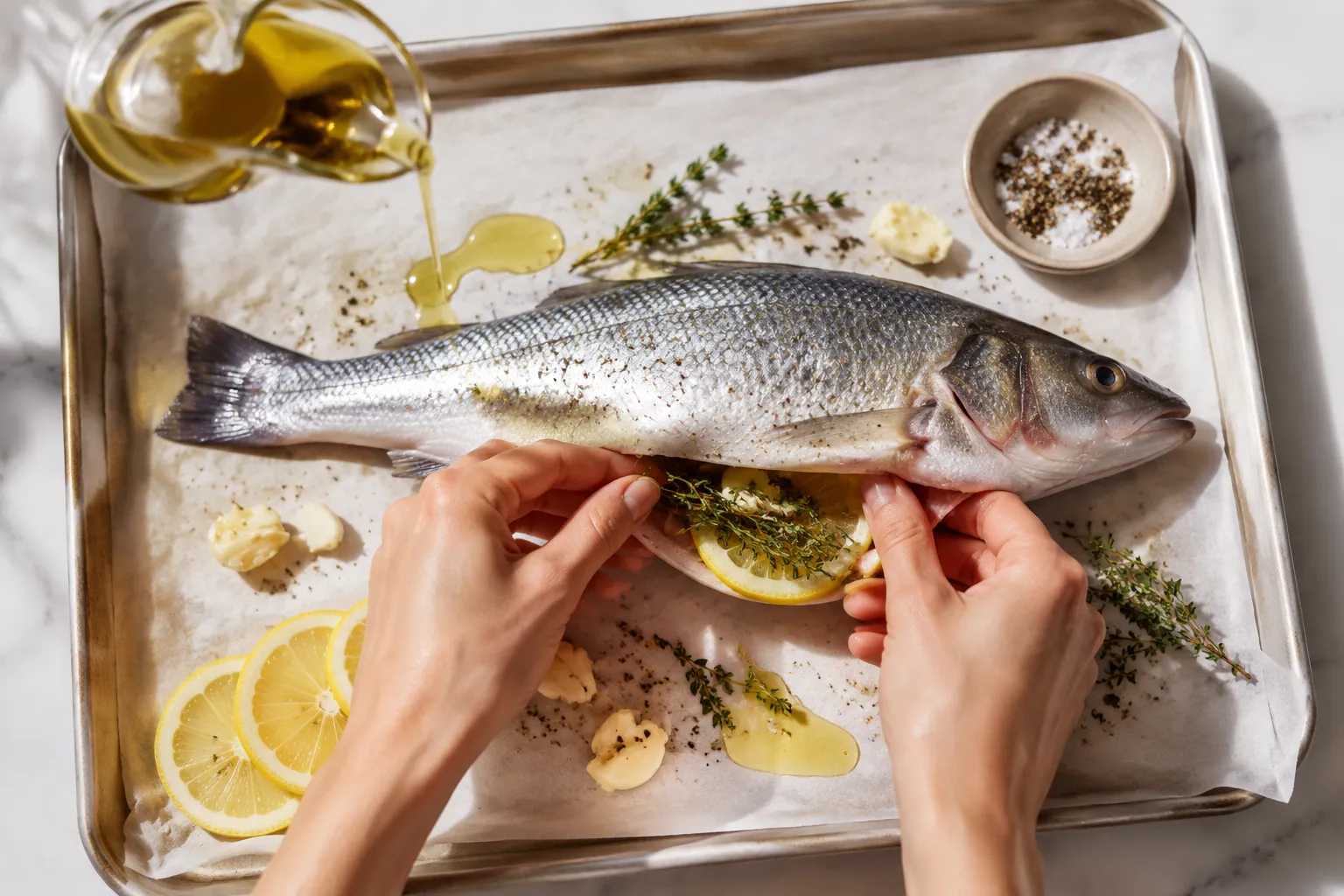 Stuffing whole branzino cavity with lemon slices, garlic, and fresh herbs.