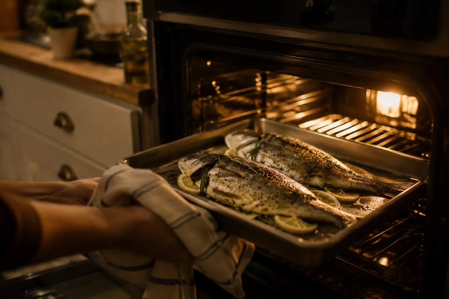 Sliding seasoned branzino into the oven on a sheet pan.