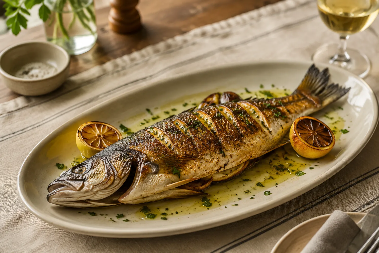 Whole roasted branzino on a platter with charred lemon and herbs.