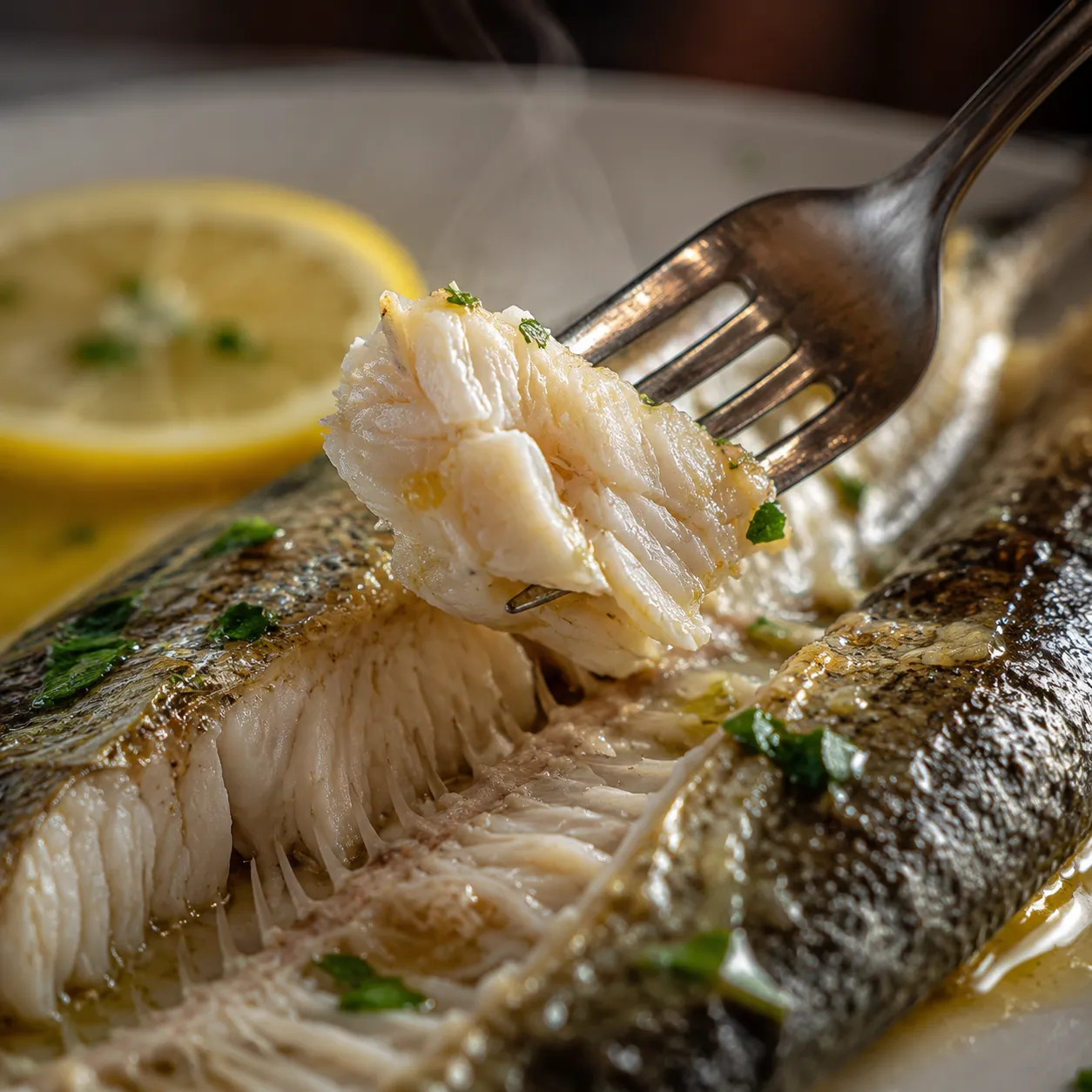 Close-up of flaky branzino flesh being pulled from the bone with a fork.