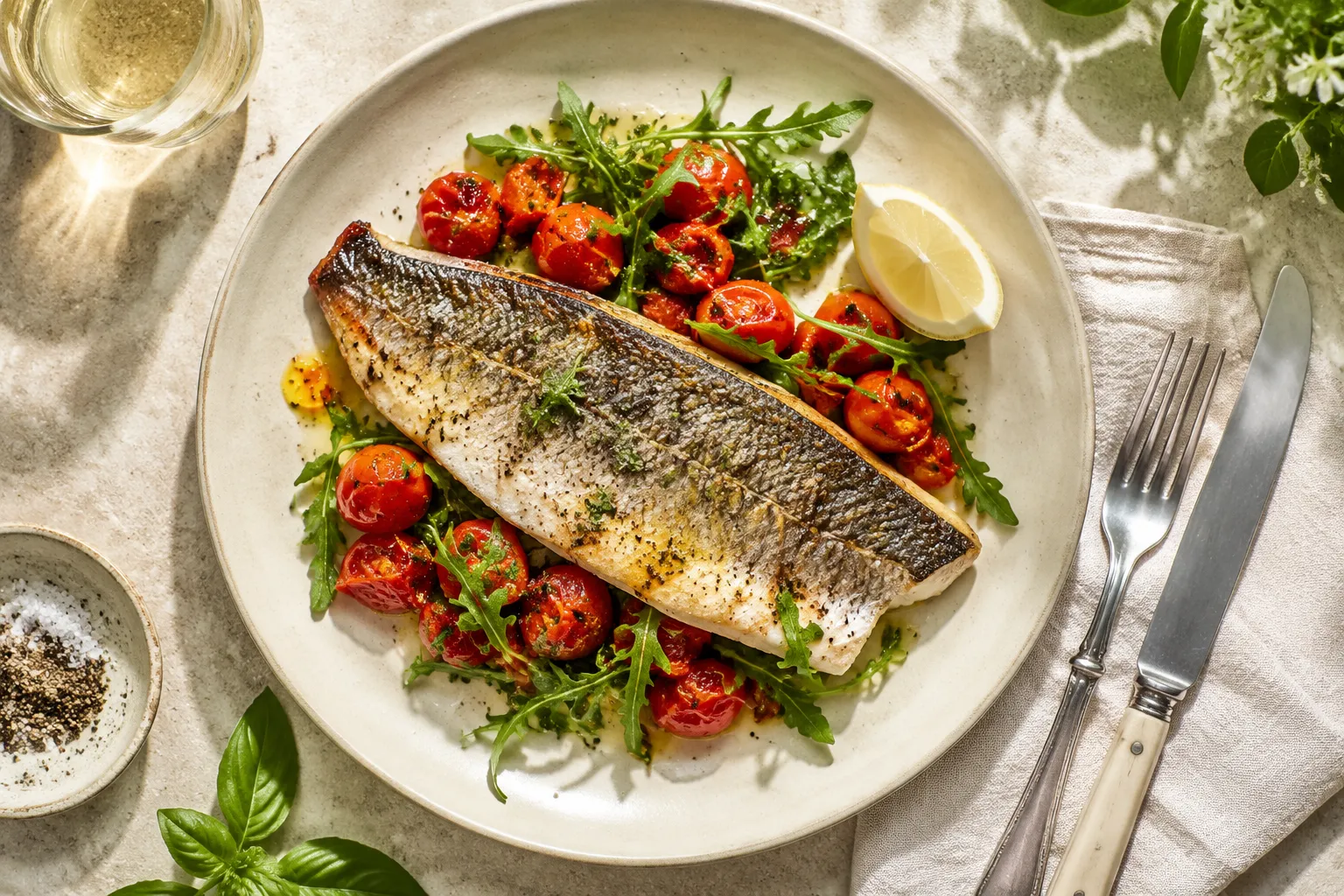 Plated branzino fillet served with roasted tomatoes and arugula.