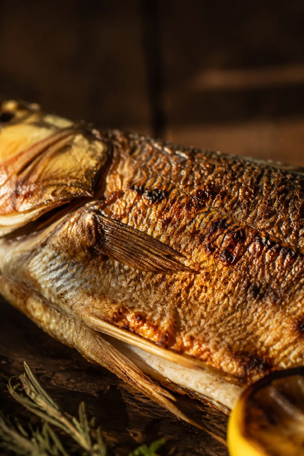 Crispy skin close-up on whole roasted branzino showing perfect texture.