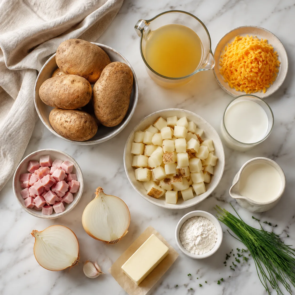 Ingredients for ham and potato soup laid out on a marble counter