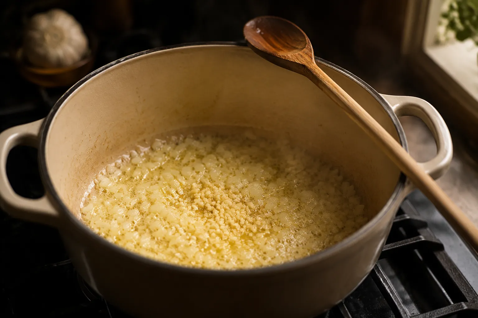 Sautéing onions and garlic in butter for potato soup