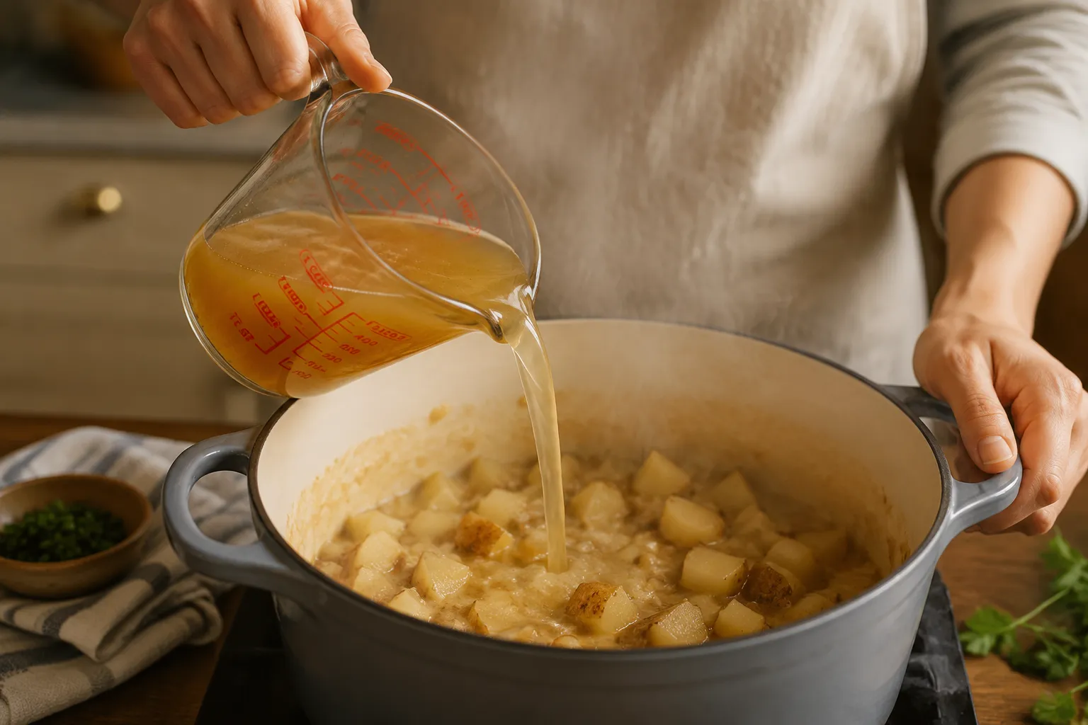 Pouring chicken broth into diced potatoes for creamy potato soup