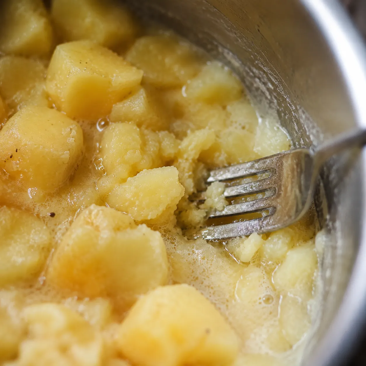 Mashing potatoes in the pot to thicken homemade potato soup