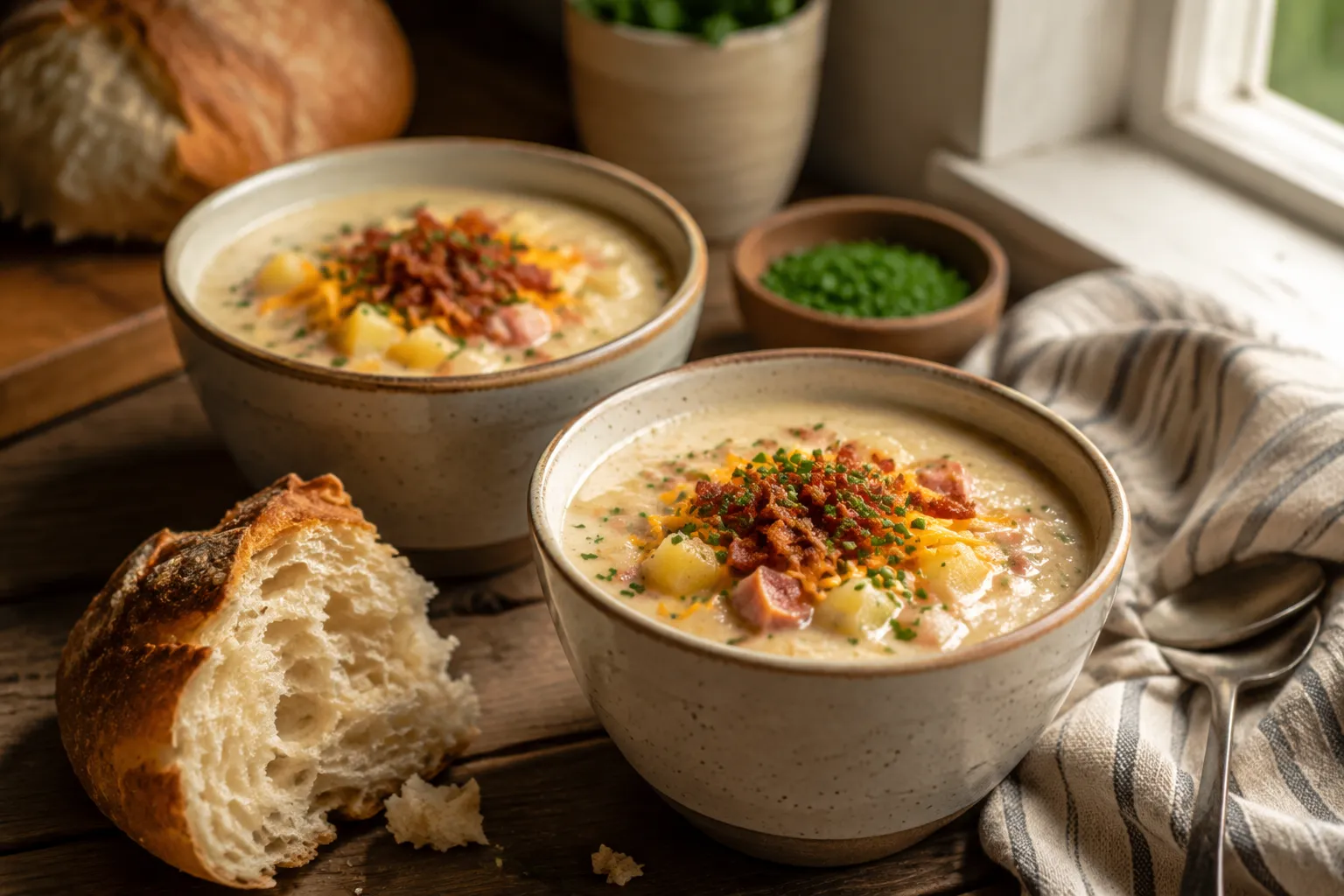 Two bowls of creamy ham and potato soup with crusty bread