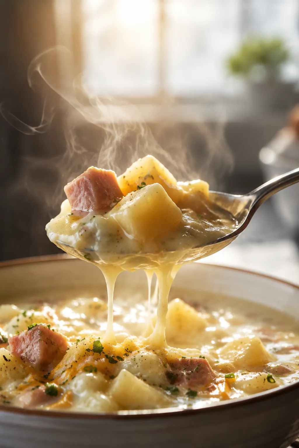 Spoonful of creamy potato soup with ham and melted cheddar