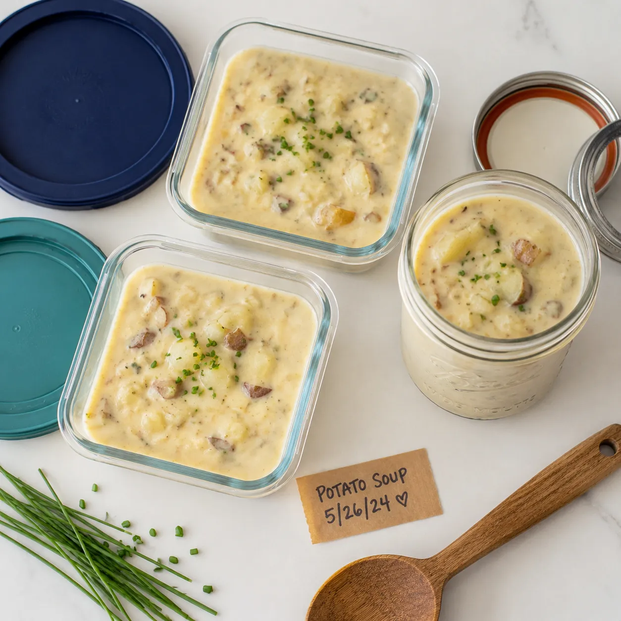 Storing leftover potato soup in glass containers for the fridge and freezer