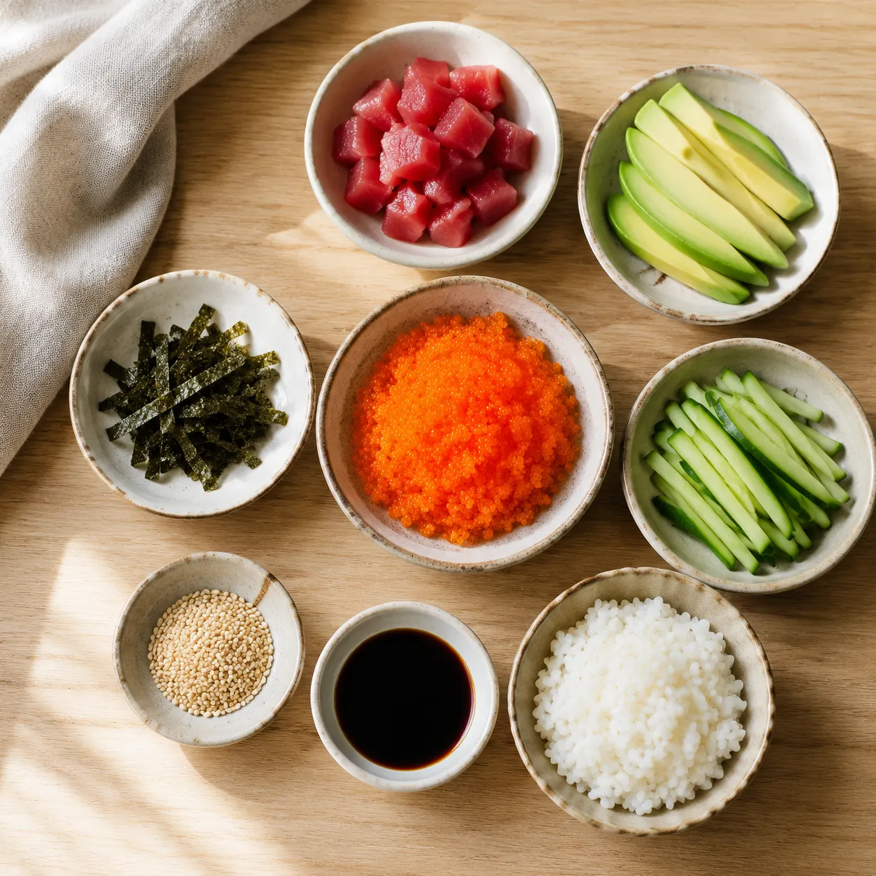 Tobiko sushi bowl ingredients flatlay with tuna, avocado, and sushi rice
