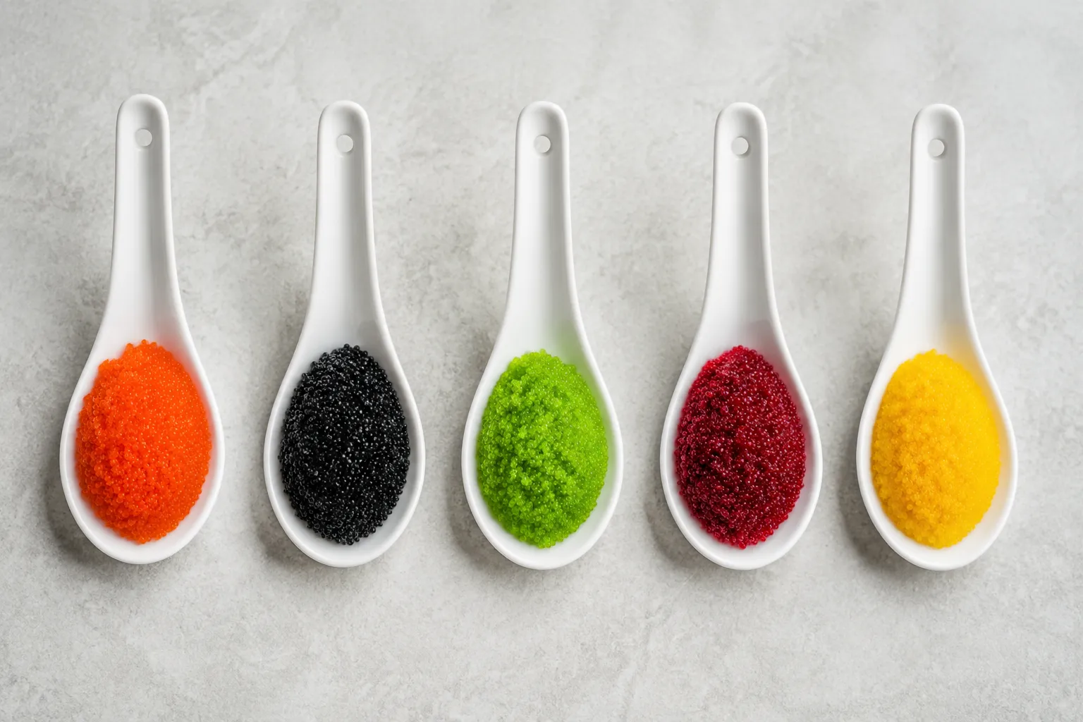 Five tobiko color varieties: orange, black, wasabi green, red, and yuzu yellow