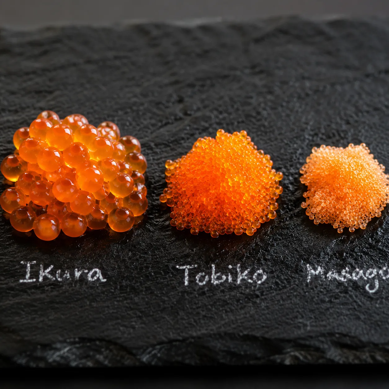 Tobiko vs masago vs ikura close-up comparison showing size and color differences