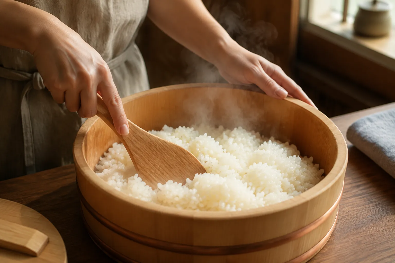 Folding rice vinegar into warm sushi rice for a tobiko bowl