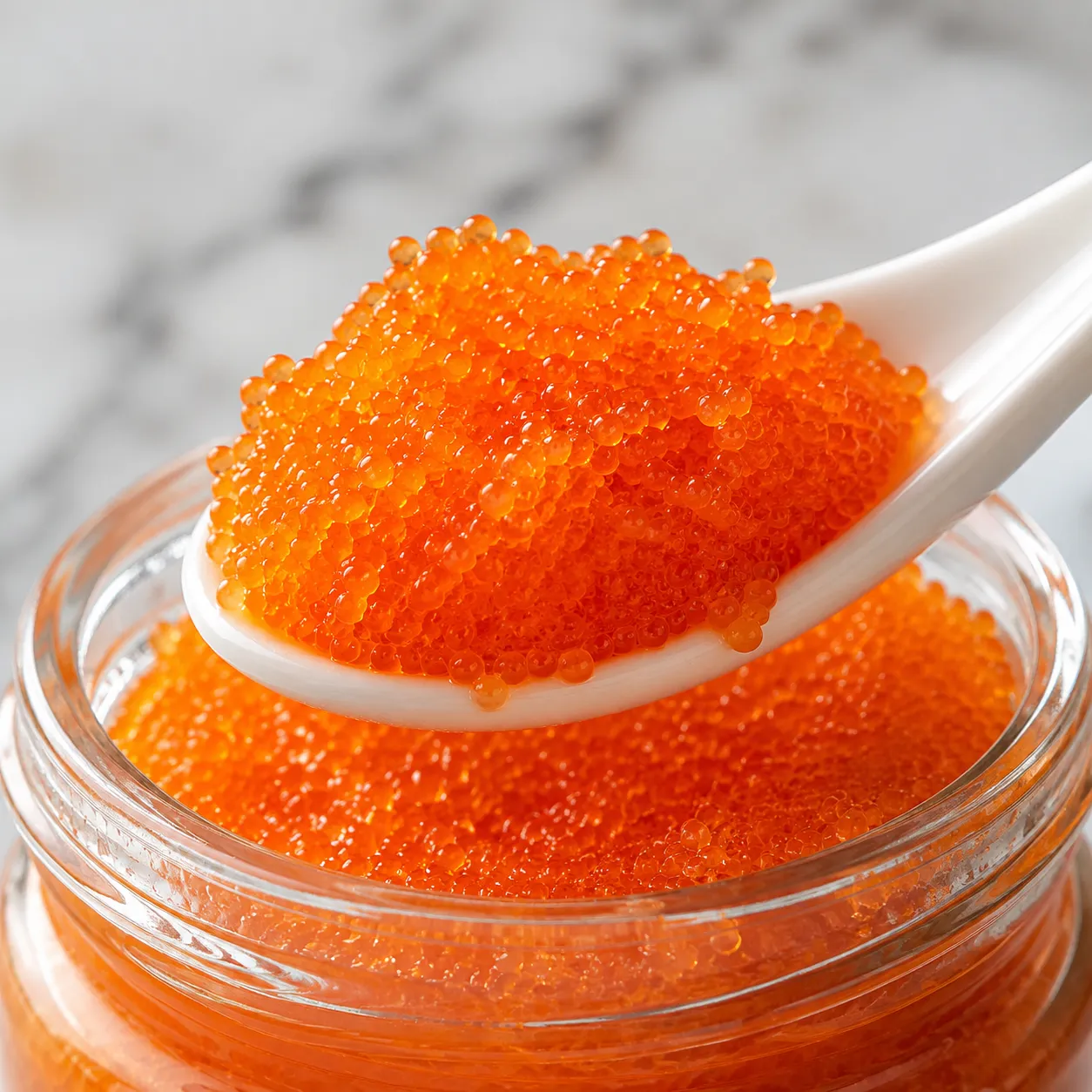 Spoonful of glistening orange tobiko being scooped from a glass jar